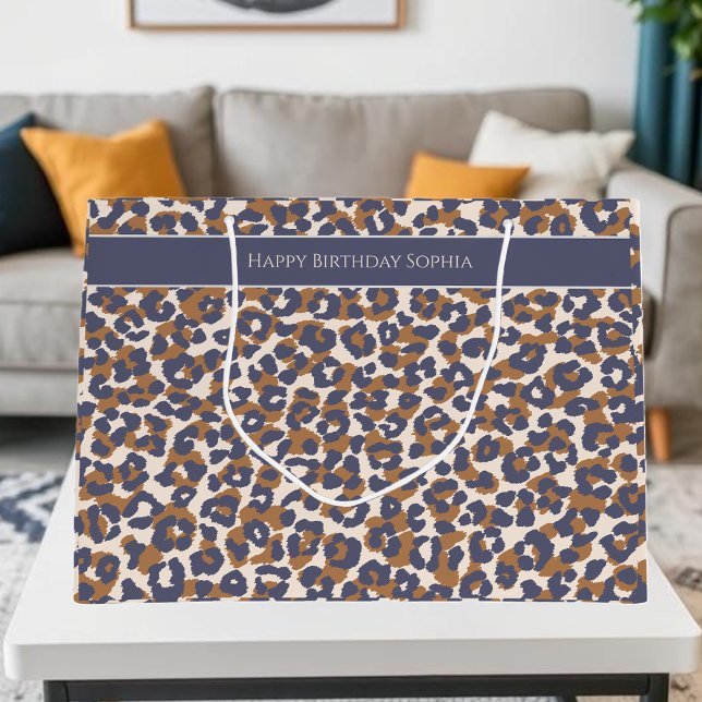 Sacola Para Presentes Grande Leopard Print-Blue e Brown- (Leopard Print-Blue and Brown- Large Gift Bag)