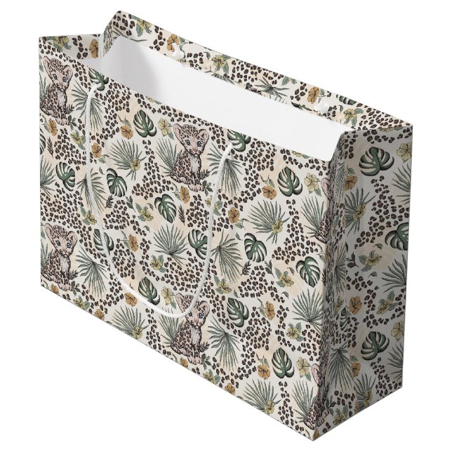 Sacola Para Presentes Grande Leopard Safari Kids Floral Jungle Pattern (Frente inclinada)