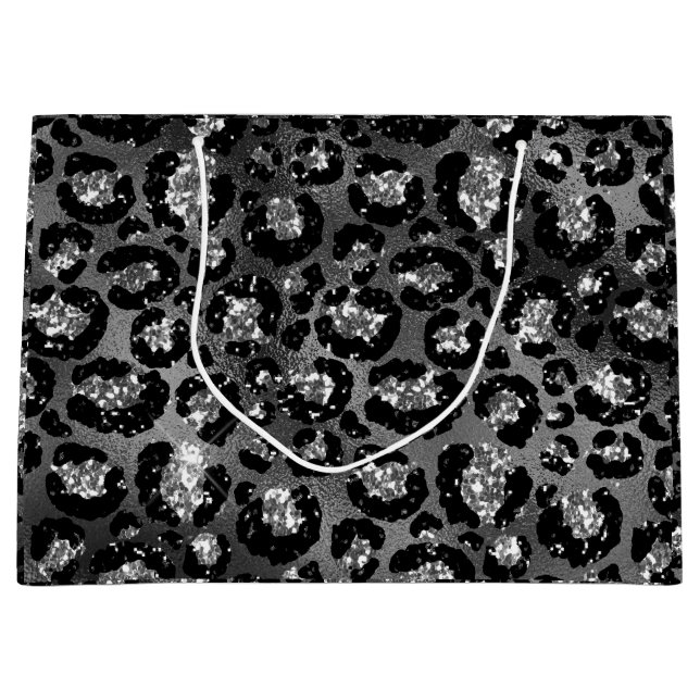 Sacola Para Presentes Grande Leopardo Imprime Cinzas Pretas e Prateadas (Frente)