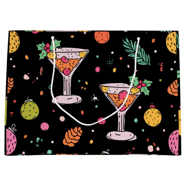 Sacola Para Presentes Grande Letra Holiday Martinis com design abstrato brilhan (Frente)