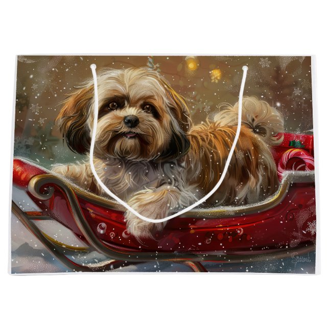 Sacola Para Presentes Grande Lhasa Apso Cachorro Festivo (Frente)