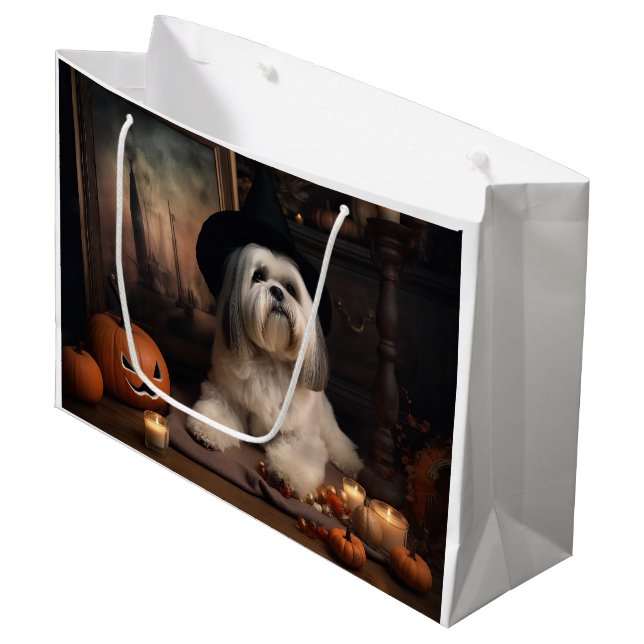 Sacola Para Presentes Grande Lhasa Apso Pumpkins Halloween Scary (Frente inclinada)