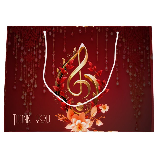 Sacola Para Presentes Grande Limpa ouro com folhas vermelhas. (Frente)