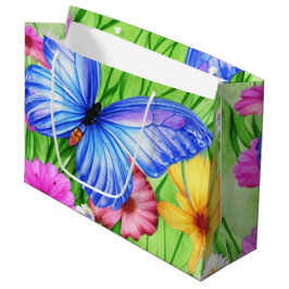 Sacola Para Presentes Grande Linda Borboleta Azul com flores Aquarela