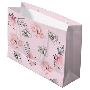 Sacola Para Presentes Grande Linda câmera de Rosa claro Floral
