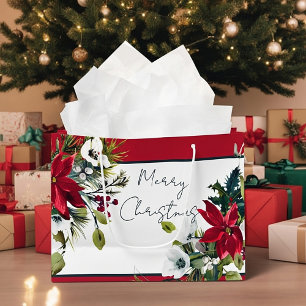 Sacola Para Presentes Grande Linda moldura de poinsettia Natal Feriado