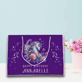 Sacola Para Presentes Grande Lindo Unicórnio Roxo Aniversário Menina Brilho Ros