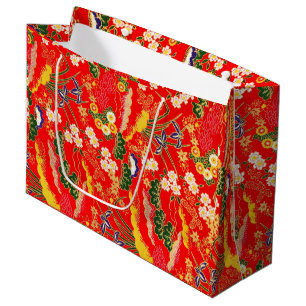 Sacola Para Presentes Grande Lindos padrões florais japoneses coloridos