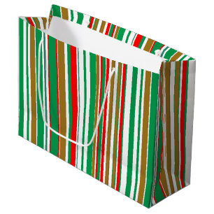 Sacola Para Presentes Grande Listras de Natal Vermelho Verde e Dourado Modernas