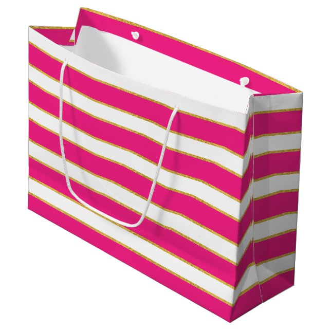 SACOLA PARA PRESENTES GRANDE LISTRAS DE OURO BRANCO ROSA (Frente inclinada)