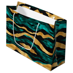 Sacola Para Presentes Grande Listras de Tigre Teal Dourado Animal Abstrato Gl