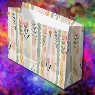 Sacola Para Presentes Grande Listras Florais em Aquarela Pastel Vintage