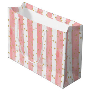 Sacola Para Presentes Grande Listras Leves Rosa Faux Dourada Confetti