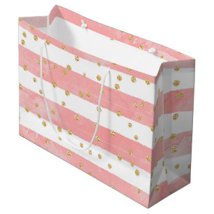 Sacola Para Presentes Grande Listras Leves Rosa Faux Dourada Confetti