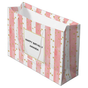 Sacola Para Presentes Grande Listras Leves Rosa   Faux Dourado Confetti Birthda