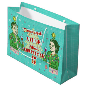 Sacola Para Presentes Grande Lit retro do casal do humor do bebendo do Natal