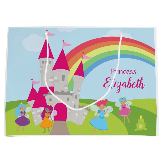 Sacola Para Presentes Grande Little Girl Fairy Princess com Rainbow e Castle (Frente)