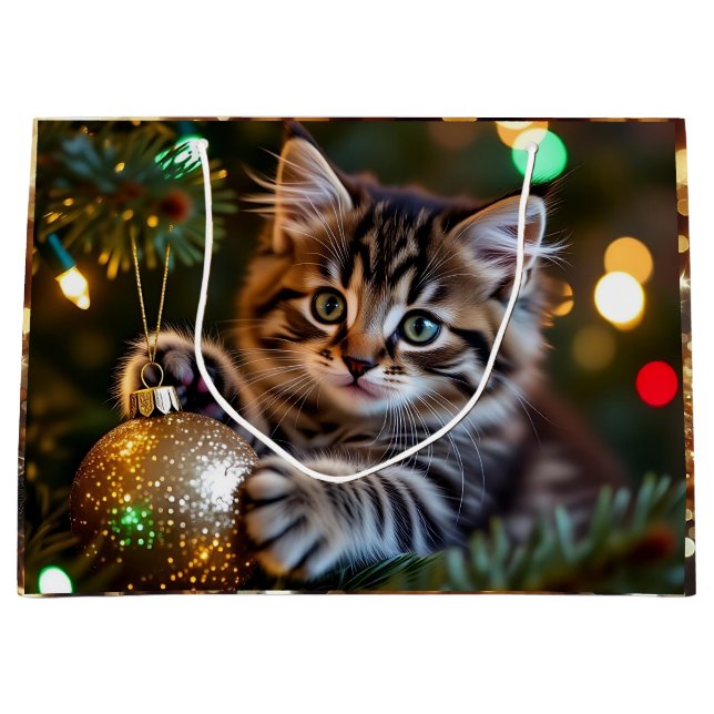 Sacola Para Presentes Grande Little Kitten on Christmas Tree   (Frente)