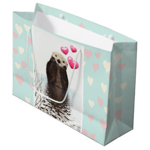 Sacola Para Presentes Grande Lontra bonito com corações cor-de-rosa do amor