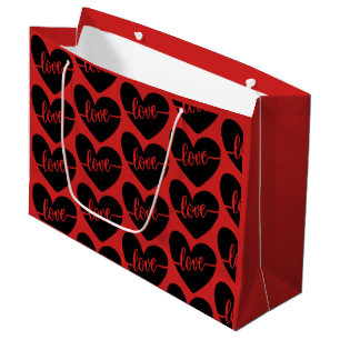 Sacola Para Presentes Grande Love Script Hearts Red Black Pattern Namorados