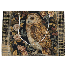 Sacola Para Presentes Grande Lovely Owl in the Flowers Garden ,Gold Checkered 