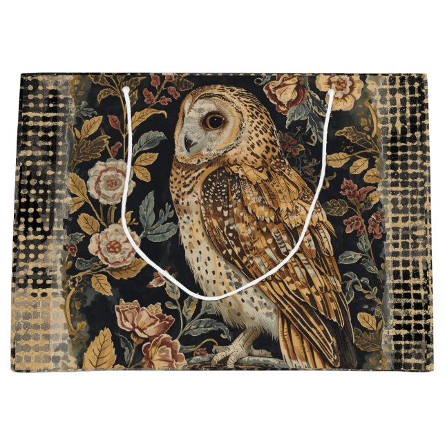 Sacola Para Presentes Grande Lovely Owl in the Flowers Garden ,Gold Checkered  (Frente)