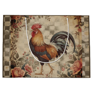 Sacola Para Presentes Grande Lovely Vintage Rooster and Flowers Pattern 