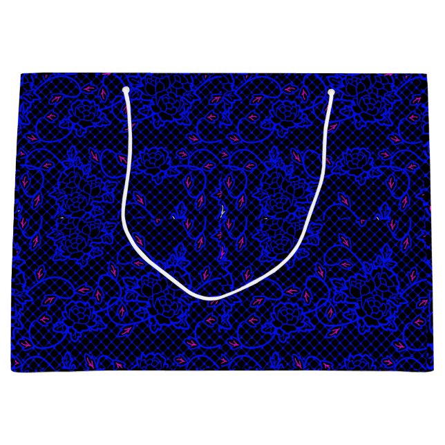 Sacola Para Presentes Grande Luminoso Blue net com flores 02b Preto BG (Frente)