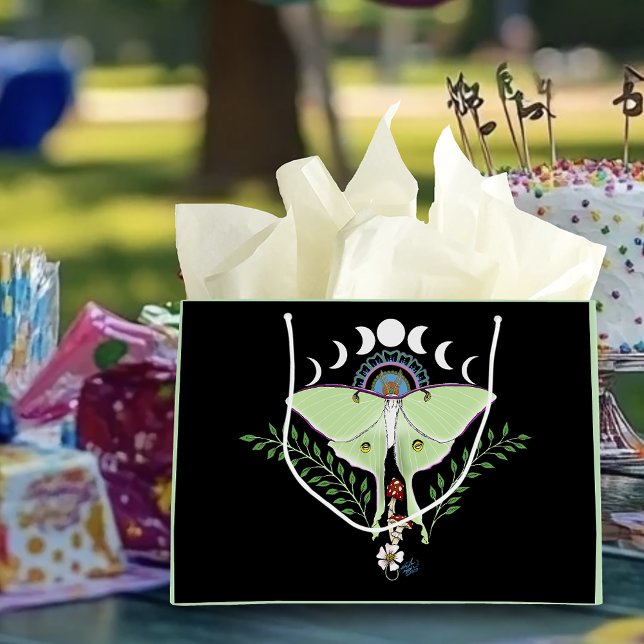 Sacola Para Presentes Grande Luna Moth Fases da Lua Preta (Criador carregado)