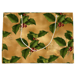 Sacola Para Presentes Grande Luxe Gold Foil, Green Holly, Berries Vermelhos