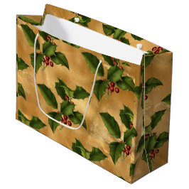Sacola Para Presentes Grande Luxe Gold Foil, Green Holly, Berries Vermelhos