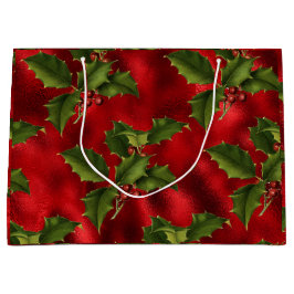 Sacola Para Presentes Grande Luxe Green Holly, Red Berries Foil Large Gift Bag