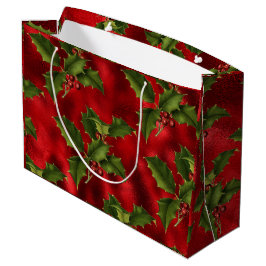 Sacola Para Presentes Grande Luxe Green Holly, Red Berries Foil Large Gift Bag