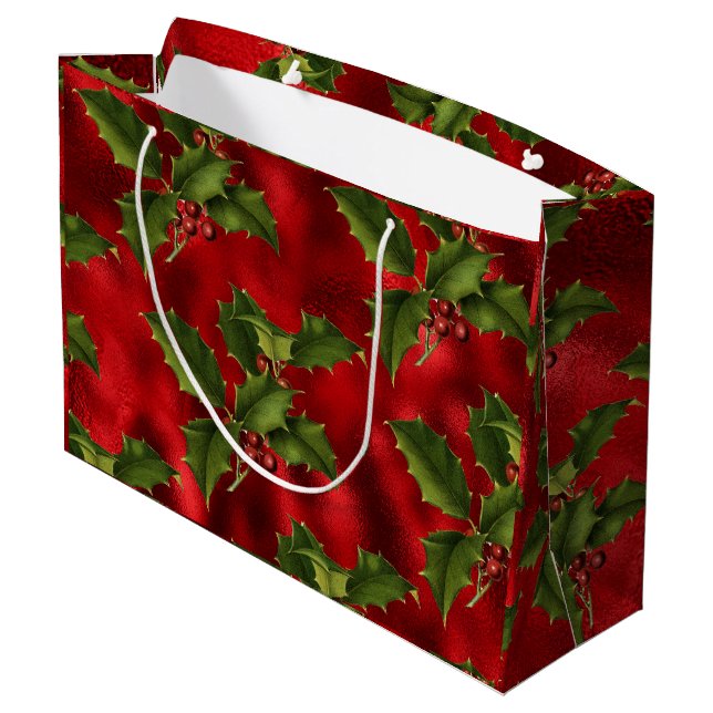 Sacola Para Presentes Grande Luxe Green Holly, Red Berries Foil Large Gift Bag (Verso inclinado)