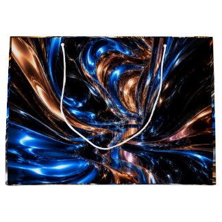 Sacola Para Presentes Grande Luxo Azul Dourado Prata Metalizado Redemoinho 