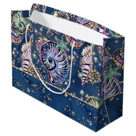 Sacola Para Presentes Grande Luxo azul subaquático | Pás Douradas