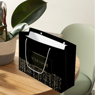Sacola Para Presentes Grande Luxo preto com nome mínimo Dourado Luxo - Luz de