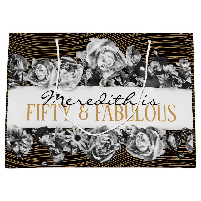 Sacola Para Presentes Grande Luxo Preto e Dourado Personalizado 50 e Fabuloso (Frente)