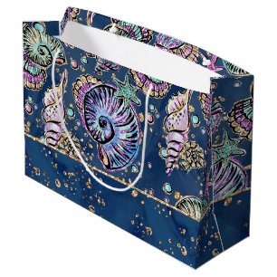 Sacola Para Presentes Grande Luxo subaquático azul Pás Douradas