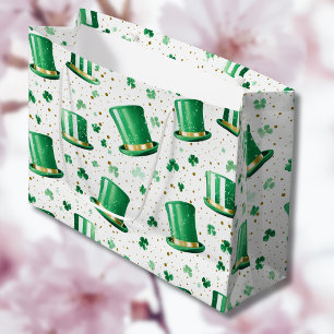 Sacola Para Presentes Grande Luxo Verde Dourado Chapéus e Trevos Brancos