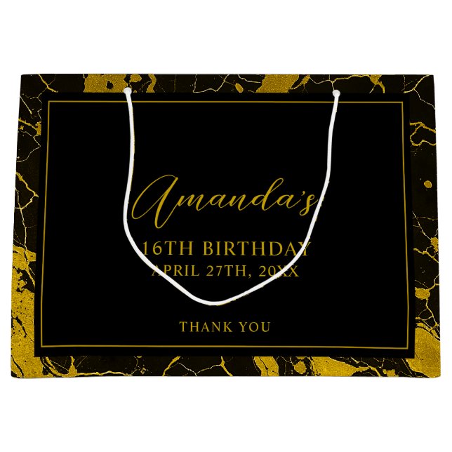 Sacola Para Presentes Grande Luxurioso Black & Dourado Marble Sweet 16 Aniversá (Frente)