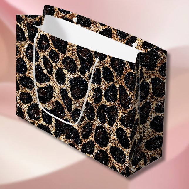 Sacola Para Presentes Grande Luxury Glitter Gold Brown Black Leopard Pattern (Criador carregado)