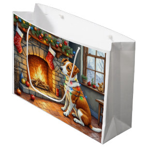 Sacola Para Presentes Grande Luzes de Natal com Terrier da Baía de Chesapeake n