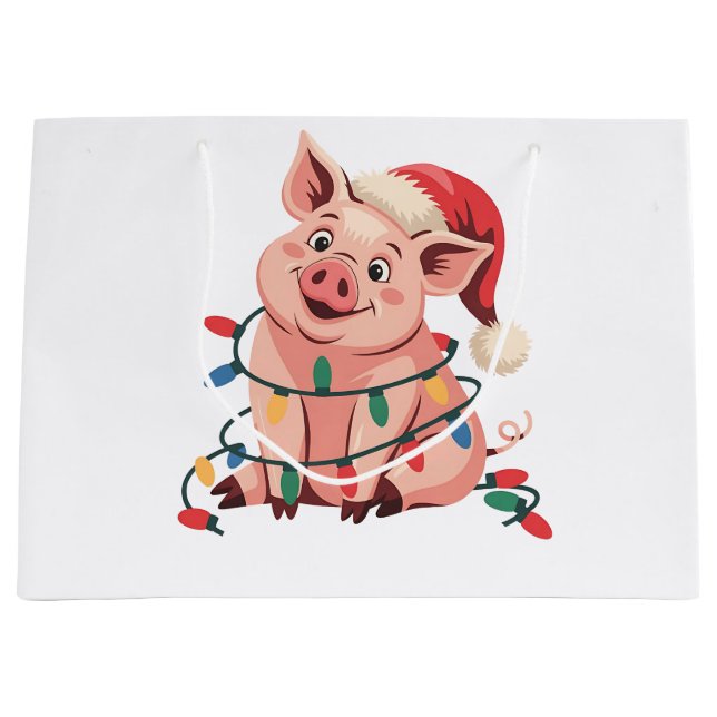 Sacola Para Presentes Grande Luzes de Natal Porco Vestindo Chapéu Natal - Pig L (Frente)