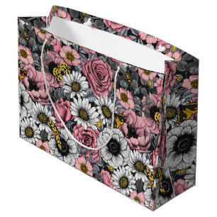 Sacola Para Presentes Grande Luzes sobre mistura de flores em rosa e cinzas