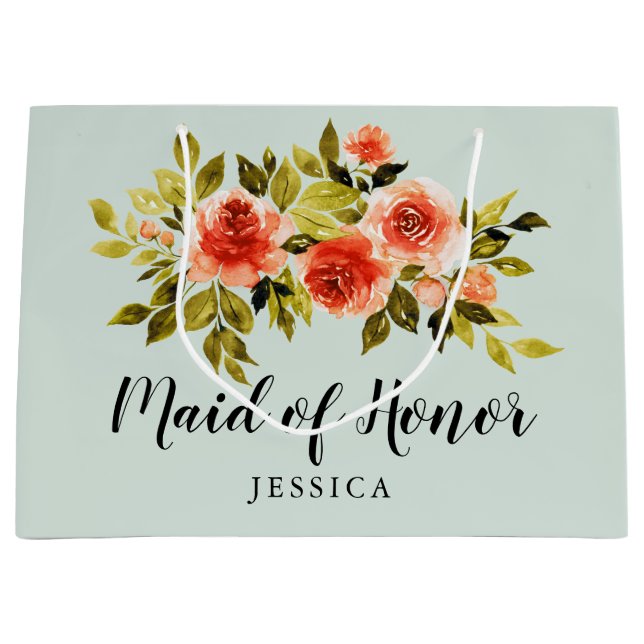 Sacola Para Presentes Grande Madrinha de casamento Floral de Aquarela Verde-Ele (Frente)