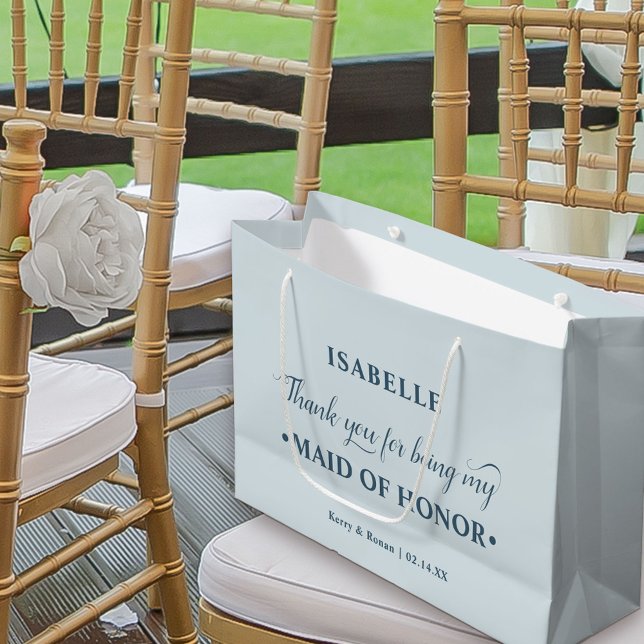 Sacola Para Presentes Grande Madrinha de casamento Personalizada Azul Obrigado (Dusty Blue Wedding Thank You Gift Bag for Maid of Honor)