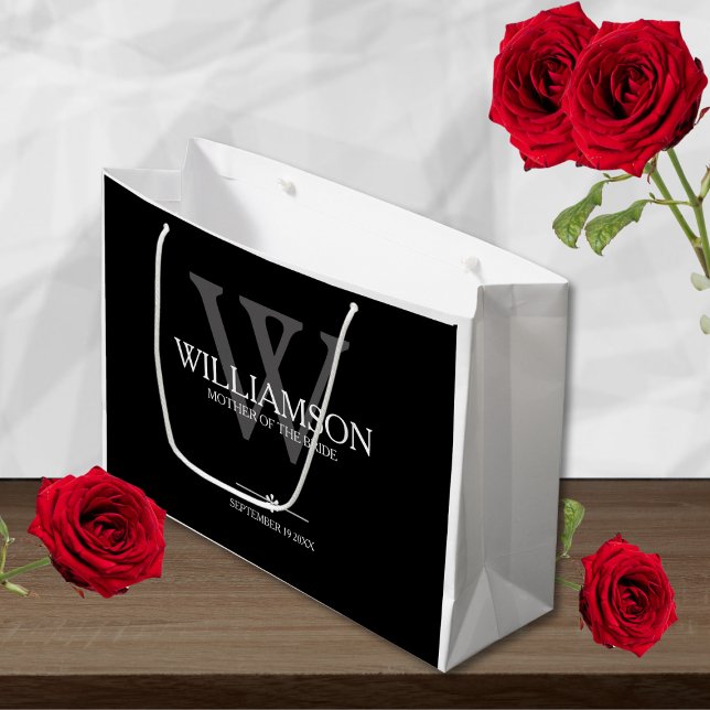 Sacola Para Presentes Grande Mãe Da Noiva Monograma De Casamento De Noiva (Mother Of The Bride - Large Elegant Black, White and Gray Gift Bag.)