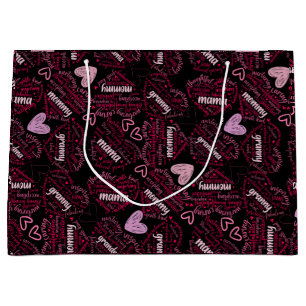 Sacola Para Presentes Grande Mãe dias corações 01.Rosa Preto BG