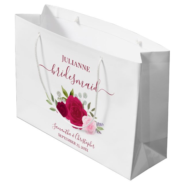 Sacola Para Presentes Grande Magenta & Pink Boho Roses Wedding Bridesmaid (Verso inclinado)